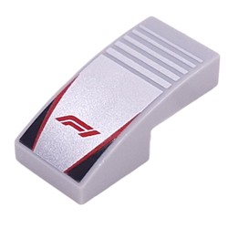 LEGO part 11477pr0043 Slope Curved 2 x 1 No Studs with Red 'F1', Red Lines, Black Triangles on Silver Striped Background print in Medium Stone Grey/ Light Bluish Gray