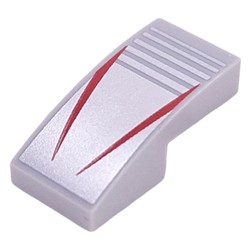 LEGO part 11477pr0044 Slope Curved 2 x 1 No Studs with Red Stripes on Silver Striped Background print in Medium Stone Grey/ Light Bluish Gray