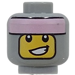 LEGO part 28621pr0076 Minifig Head, Yellow Face, Lopsided Smile, Metal Pink Bandana in Medium Stone Grey/ Light Bluish Gray