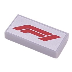 LEGO part 3069bpr9925 Tile 1 x 2 with Red 'F1' on Silver Background print in Medium Stone Grey/ Light Bluish Gray