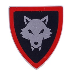 LEGO part 3846pr9996 Minifig Shield Triangular with Silver Wolf on Black Background, Red Border Print in Medium Stone Grey/ Light Bluish Gray