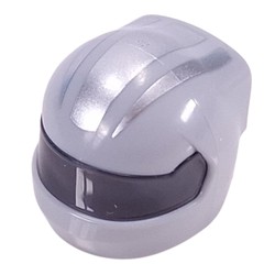 LEGO part 7071pat0001pr0004 Helmet, Formula 1 with Trans-Black Visor pattern and Silver Stripes print in Medium Stone Grey/ Light Bluish Gray
