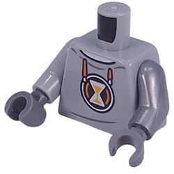 LEGO part 973c30h12pr0002 Torso, Hoody, Orange Laces, Hourglass Symbol, Orange X on back print, Flat Silver Arms, Dark Bluish Gray Hands in Medium Stone Grey/ Light Bluish Gray