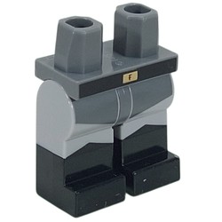 LEGO part 970c14pat03pr0004 Hips with Light Bluish Gray Legs and Black Boots Pattern with Black Belt, Gold Belt Buckle, Dark Bluish Grey Shirt End print in Dark Stone Grey / Dark Bluish Gray