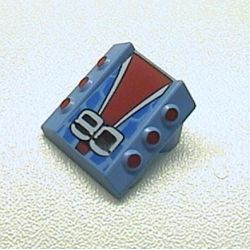 Slope 2 x 2 No Studs, with 3 Side Pistons Raised Edges and '80', Red/White/Black/Blue Print