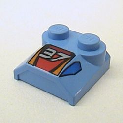 Brick Curved 2 x 2 x 2/3 Two Studs and Lip End with '37' and Red, Orange, and Blue Print