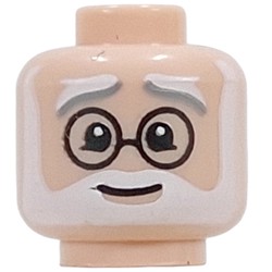 LEGO part 28621pr0186 Minifig Head Merlin, White/Dark Bluish Grey Eyebrows, White Full Beard, Black Round Glasses in Light Nougat