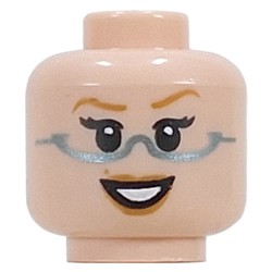 LEGO part 28621pr0187 Minifig Head Fairy Godmother, Nougat Eyebrows, Peach Lips, Silver Half Glasses, Smile, Raised Eyebrow / Shocked in Light Nougat