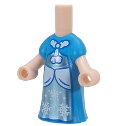 LEGO part 65203pr0017 Microdoll Body Long Dress Dark Azure with Metal Blue Front, White Pockets, Laces, Snow Flakes print in Dark Azure