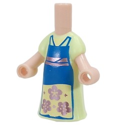 LEGO part 65203pr0020 Microdoll Body Long Dress Yellowish Green with Blue Apron, Bright Light Yellow Square, Copper Flowers, Bands print in Light Nougat