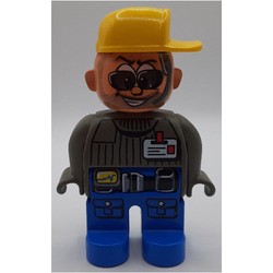 Duplo Figure, Early, Cap Yellow, Blue Legs, ID Badge with Belt, Sunglasses Print (Action Wheeler)
