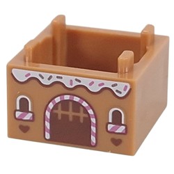 LEGO part 2821pr0002 Container Box 2 x 2 x 1 Reinforced Bottom with Gingerbread House, White Icing, White/Bright Pink Candy Cane Door print in Medium Nougat