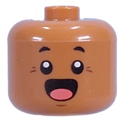 LEGO part 79435pr0007 Bigfig Head with Small Black Eyes, Wide Open Mouth print in Medium Nougat