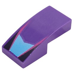 LEGO part 11477pr0041 Slope Curved 2 x 1 No Studs with Medium Azure Shape, Magenta Lines, Black Triangles print in Medium Lilac/ Dark Purple