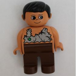 Duplo Figure, Early, with Short Parted Hair Black, Brown Legs, Rag Shirt with Green Spot Print (Caveman)
