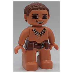 Duplo Figure with Parted Wavy Hair Reddish Brown, Nougat Legs, Reddish Brown Hips, Tooth Necklace Print (Caveman)