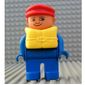 Duplo Figure, Early, with Flat Cap Red, Blue Legs, Life Jacket, No White in Eyes Print
