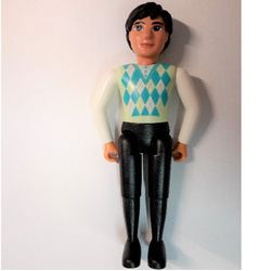 Belville Figure Fixed Elbows, Male, Black Hair, Black Legs, White Arms, Light Lime, Sky Blue, and White Argyle Top