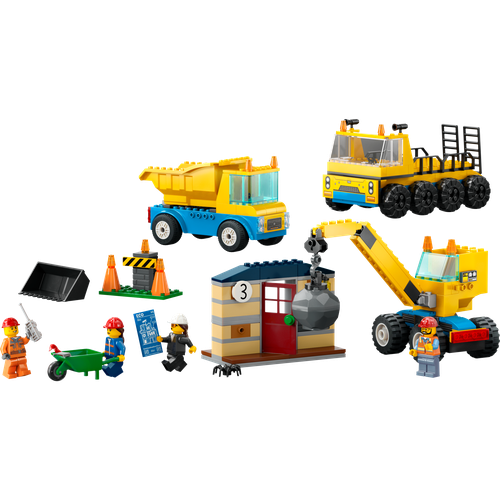 Construction Trucks and Wrecking Ball Crane