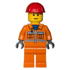 Construction Worker, Orange Jacket with Zipper and Reflective Stripes, Orange Legs, Red Hard Hat, Brown Eyebrows (fig-000048)