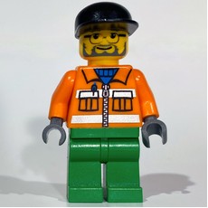 Construction Worker, Orange Jacket with Zipper and Reflective Stripes, Green Legs, Black Cap, Beard and Glasses (fig-000059)