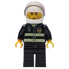 Fireman, Black Fire Jacket with Reflective Stripes, Radio, and Badge, White Helmet with Visor, Cheek Lines (fig-000087)