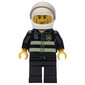 Fireman, Black Fire Jacket with Reflective Stripes, Radio, and Badge, White Helmet with Visor, Cheek Lines