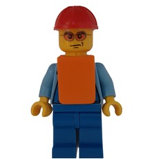 Man, Blue Overalls over Shirt, Red Hard Hat, Orange Vest, Orange Sunglasses (fig-000101)
