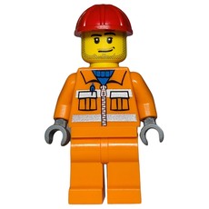 Construction Worker, Orange Jacket with Zipper and Reflective Stripes, Red Hard Hat, Stubble (fig-000140)