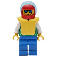 Man, Green Jacket, Blue Legs, Red Helmet with Visor, Yellow Life Vest, Blue Sunglasses (fig-000155)