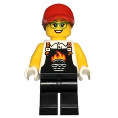 Chef, Black Apron with Flaming Burger, Black Legs, Red Cap, Glasses (fig-000161)