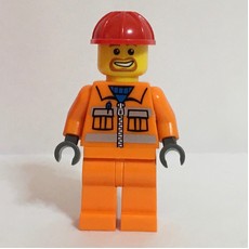 Construction Worker, Orange Jacket with Zipper and Reflective Stripes, Red Hard Hat, Goatee Beard (fig-000162)