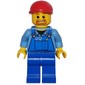 Man, Blue Overalls over Shirt, Blue Legs, Red Cap, Goatee Beard