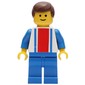 Man, White Top with Large Red Stripe and 2 Blue Stripes, Blue Legs, Brown Hair