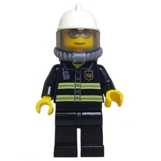 Fireman, Black Fire Jacket with Reflective Stripes, Radio, and Badge, White Helmet, Breathing Apparatus, Airtanks, Silver Sunglasses (fig-000226)