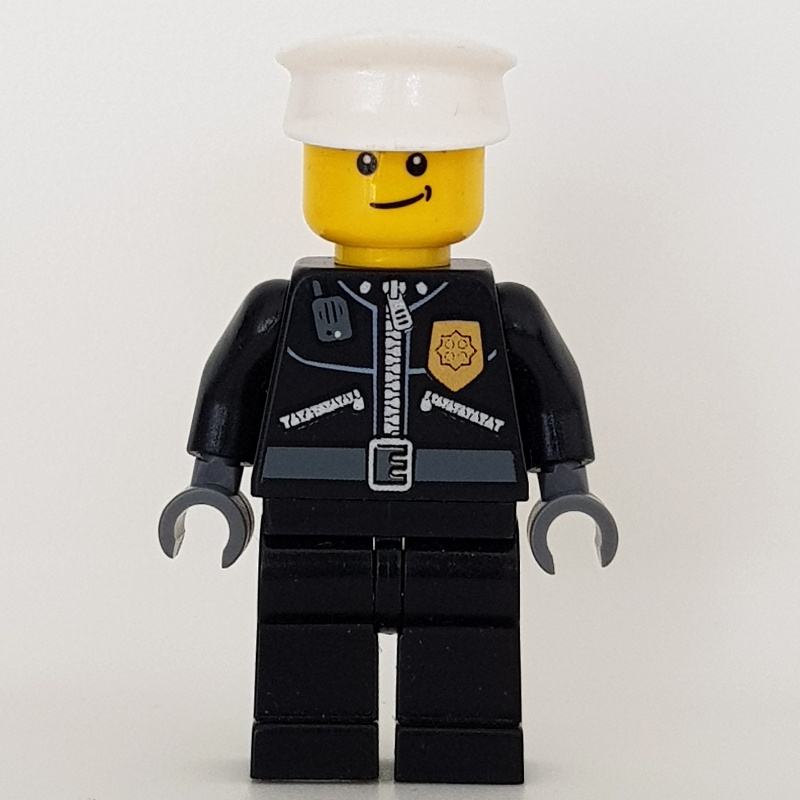 LEGO Set fig-000243 Policeman, Black Jacket with Zipper, Radio, Badge, and ' POLICE' on Back, White Hat