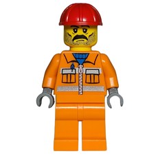 Construction Worker, Orange Jacket with Zipper and Reflective Stripes, Orange Legs, Red Hard Hat, Moustache and Stubble (fig-000248)