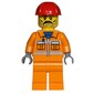 Construction Worker, Orange Jacket with Zipper and Reflective Stripes, Orange Legs, Red Hard Hat, Moustache and Stubble