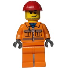 Construction Worker in Orange Jacket with Zipper and Reflective Stripes, Red Helmet, Smirk and Stubble Beard (fig-000254)
