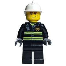 Fireman, Black Fire Jacket with Reflective Stripes, Radio, and Badge, Dark Bluish Gray Hands, White Helmet, Cheek Lines (fig-000296)