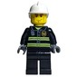 Fireman, Black Fire Jacket with Reflective Stripes, Radio, and Badge, Dark Bluish Gray Hands, White Helmet, Cheek Lines