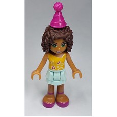 Andrea - Bright Light Orange Top, Light Aqua Skirt, Magenta Party Hat (fig-000302)