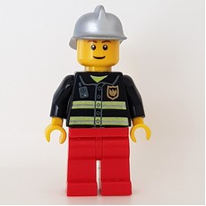 Fireman, Black Fire Jacket with Reflective Stripes, Radio, and Badge, Red Legs, Silver Helmet (fig-000346)