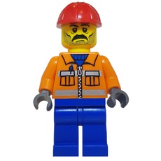 Construction Worker, Orange Jacket with Zipper and Reflective Stripes, Blue Legs, Red Hard Hat, Moustache and Stubble (fig-000365)