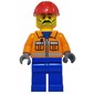Construction Worker, Orange Jacket with Zipper and Reflective Stripes, Blue Legs, Red Hard Hat, Moustache and Stubble