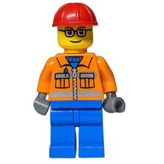 Construction Worker, Orange Jacket with Zipper and Reflective Stripes, Blue Legs, Red Hard Hat, Glasses (fig-000375)