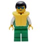 Man, Green Jacket, Green Legs, Black Hair, Yellow Life Vest, Sunglasses