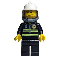 Fireman, Black Fire Jacket with Reflective Stripes, Radio, and Badge, White Helmet, Breathing Apparatus, Airtanks, Stubble (fig-000413)