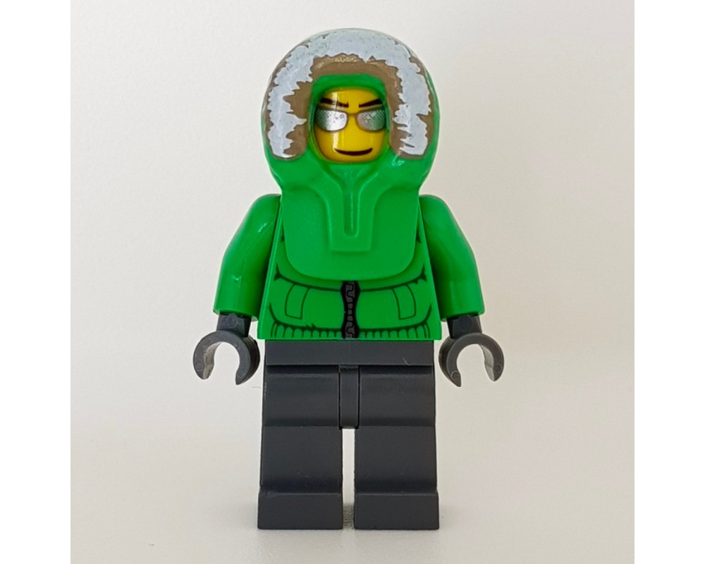 LEGO Set fig-000420 Man, Green Jacket, Dark Bluish Gray Legs, Hood