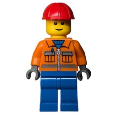 Construction Worker, Orange Jacket with Zipper and Reflective Stripes, Blue Legs, Red Hard Hat (fig-000436)
